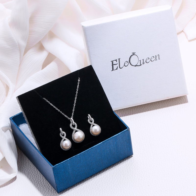 EleQueen 925 Sterling Silver CZ Cream Freshwater Cultured Pearl Leaf Bridal Necklace Hook Earrings Set Clear for Women, Valentine's Day/Mother's Day/Christmas Jewelry Gift - Image 5